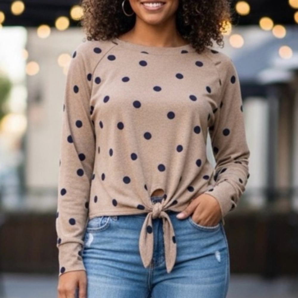 NEW Blu Pepper Beige & Navy Long Sleeve Tie Front Detail Top Size 3X